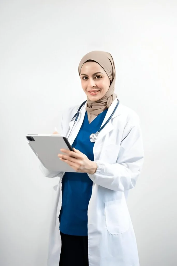 Female healthcare professional providing home medical services in Kuwait