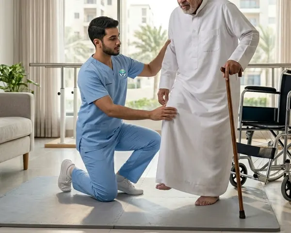 Physiotherapist helping elderly patient walk at home during physiotherapy session in Kuwait